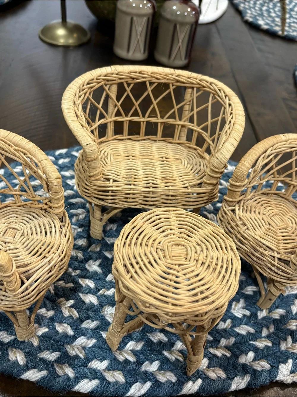 Vintage 70's  80's Natural Wicker Doll House Chair and Table Set